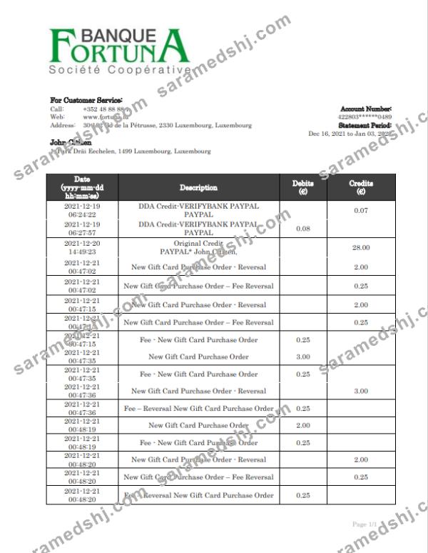 Luxembourg Fortuna Banque bank proof of address statement template in Word and PDF format, .doc and .pdf format